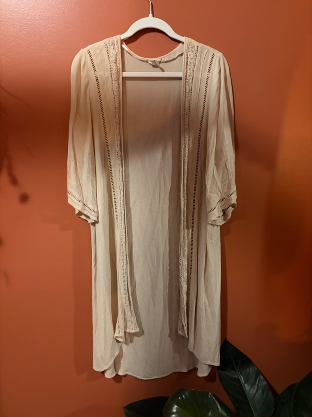 Forever 21 Cream Open-Front Crochet Trim Kimono